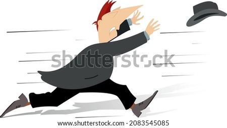 Windy day and man loses his hat illustration.
Man tries to catch a hat gone with the wind isolated on white
