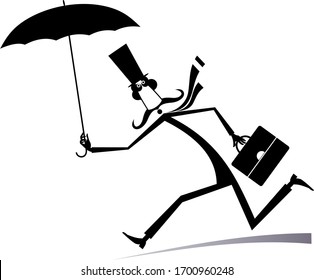 Windy day and man with umbrella isolated illustration. Funny mustache man in the top hat holds umbrella and a bag black on white

