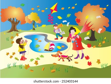  A windy day in the park. A little girl flies her kite, a woman walks her dog, and a boy loses all his papers in the wind