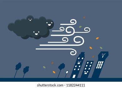 Windy day tree and cloud blowing wind storm and leaf, illustration vector.
