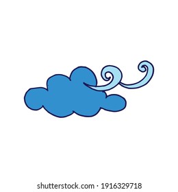 Windy Day Whimsy: A charming hand-drawn illustration of a blue cloud blowing air, creating an animated weather icon. Versatile vector perfect for adding character to weather-related designs