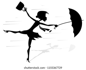 Windy day and woman with umbrella silhouette illustration. Young woman tries to hold an umbrella and a fancy bag gone with the strong wind silhouette black on white illustration vector

