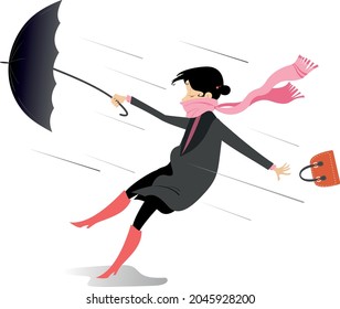 Windy day and young woman with umbrella illustration. Young woman with an umbrella and bag stays on the strong wind isolated on white