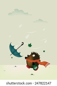 Windy day.cute little hedgehog girl try to catch her umbrella  vector illustration vertical