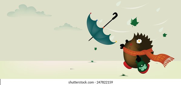 Windy day.cute little hedgehog girl try to catch her umbrella  vector illustration horizontal