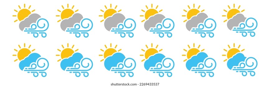 Windy daylight weather icon set. Strong wind sunny weather icon. Cloud, sun, and wind symbol in colors for apps and websites, vector illustration