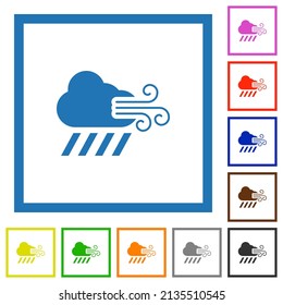Windy and downpour weather flat color icons in square frames on white background