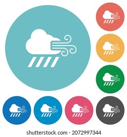 Windy and downpour weather flat white icons on round color backgrounds