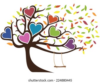 Windy Fall Family Tree with Swing Holding Seven Hearts