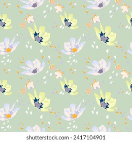 Windy flowers and petals in spring. Blooming midsummer meadow seamless pattern. Plant background for fashion, wallpapers, print. Liberty style millefleurs. Trendy floral design