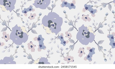 Windy flowers and petals in spring. Blooming midsummer meadow seamless pattern. Plant background for fashion, wallpapers, print. Liberty style millefleurs. Trendy floral design