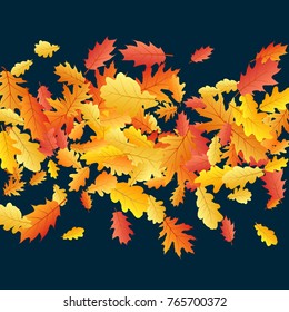 Windy flying oak leaf abstract background seasonal vector illustration. Autumn leaves falling graphic design. Fall season specific vector background. Oak tree autumn foliage on dark blue.