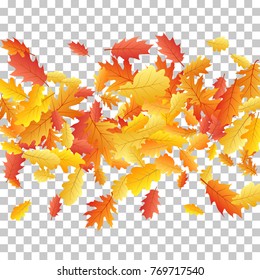 Windy flying oak leaf abstract background seasonal vector illustration. Autumn leaves falling graphic design. Fall season specific vector background. Oak tree autumn foliage on transparent.