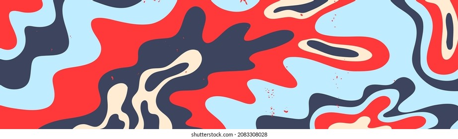 Windy horizontal banner for website - 70s style psychedelic waves. Lo fi abstract border shapes. Website design template in hippie style. Groovy paint stains