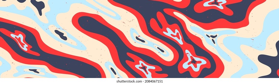 Windy horizontal banner for website - 70s style psychedelic waves. Lo fi abstract border shapes. Website design template in hippie style. Groovy paint stains