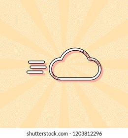 Windy icon. Linear, thin outline. Vintage retro typography with offset printing effect. Dots poster with comics pop art background