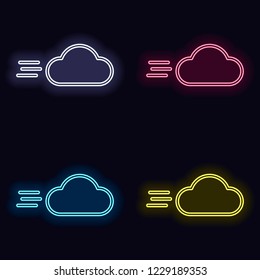 Windy icon. Linear, thin outline. Set of neon sign. Casino style on dark background.