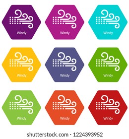Windy icons 9 set coloful isolated on white for web