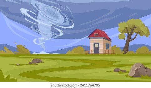 paisaje ventoso. tornado en el país Destroying Farm, Waterspout In Countryside, tormentosa catástrofe de ciclones de tormentas cataclismo, vorágine tifón fondo embudo. fondo plano de dibujos animados vectoriales.