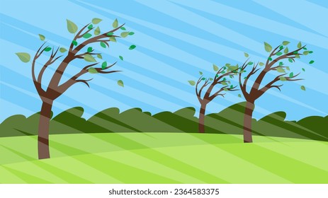 Windy landscape with trees and grass. Vector illustration in flat style.