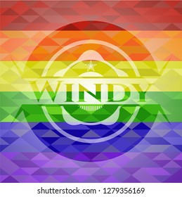 Windy on mosaic background with the colors of the LGBT flag
