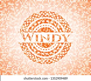 Windy orange tile background illustration. Square geometric mosaic seamless pattern with emblem inside.