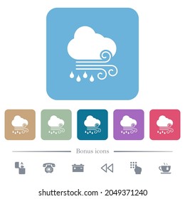 Windy and rainy weather white flat icons on color rounded square backgrounds. 6 bonus icons included