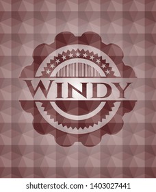 Windy red emblem or badge with abstract geometric polygonal pattern background. Seamless.