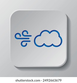 Windy simple icon vector. Flat design. Paper cut design. Cutted blue symbol with shadow. Gray badge button, gray background.ai