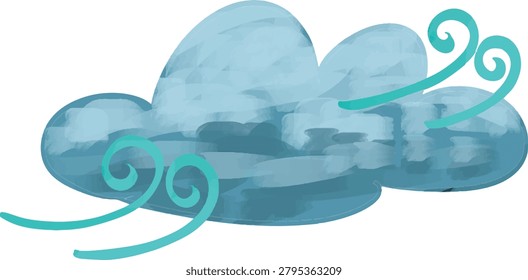 Windy Storm Cloud with Swirl Wind Gust Breeze Watercolor Colorful Blue Gray Sky Weather Atmospheric Blustery Nature Forecast Illustration