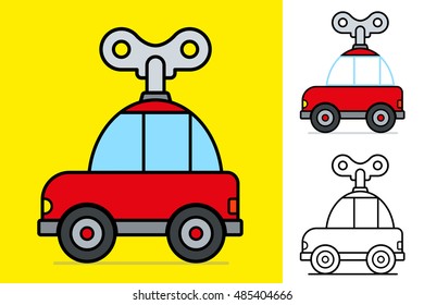 Windy toy car with a large mechanical key on a yellow background for kids, Vector illustration