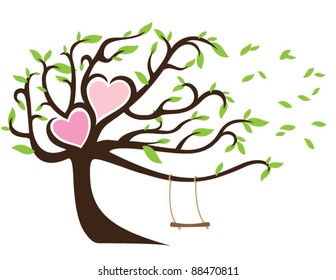 Windy Tree with Green Leaves Framing Two Hearts and Swing