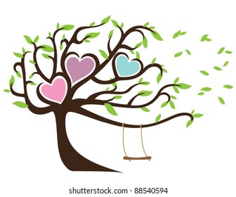 Windy Tree with Green Leaves Framing Three Hearts and Swing