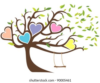 Windy Tree with Green Leaves Framing Five Hearts and Swing