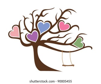 Windy Tree with No Leaves Framing Five Hearts and Swing
