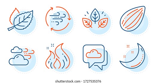 Windy weather, Almond nut and Moon stars signs. Weather forecast, Fire energy and Leaf line icons set. Wind energy, Organic tested symbols. Cloudy, Flame. Nature set. Outline icons set. Vector