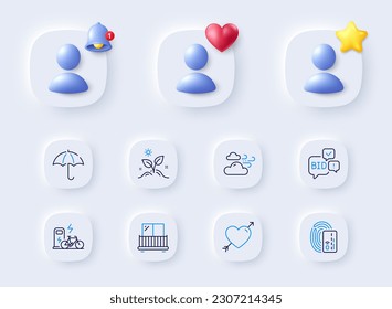 Windy weather, Card and Balcony line icons. Placeholder with 3d bell, star, heart. Pack of Bid offer, Electric bike, Umbrella icon. Love, Grow plant pictogram. For web app, printing. Vector