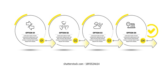 Windy Weather, Chemical Hazard And Synchronize Line Icons Set. Timeline Process Infograph. Online Test Sign. Cloud Wind, Toxic, Communication Arrows. Examination. Business Set. Vector