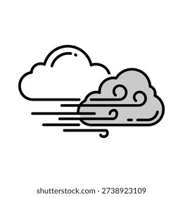 Windy weather clouds with motion lines stormy sky icon black and white illustration