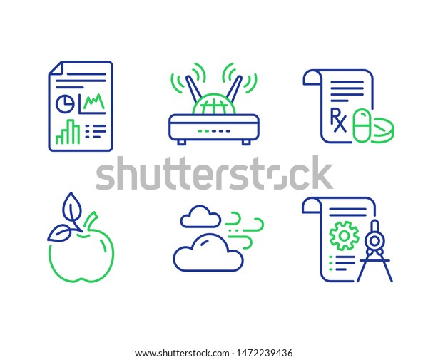 Windy weather, Eco food and Medical prescription\
line icons set. Wifi, Report document and Divider document signs.\
Cloud wind, Organic tested, Medicine drugs. Internet router.\
Science set. Vector