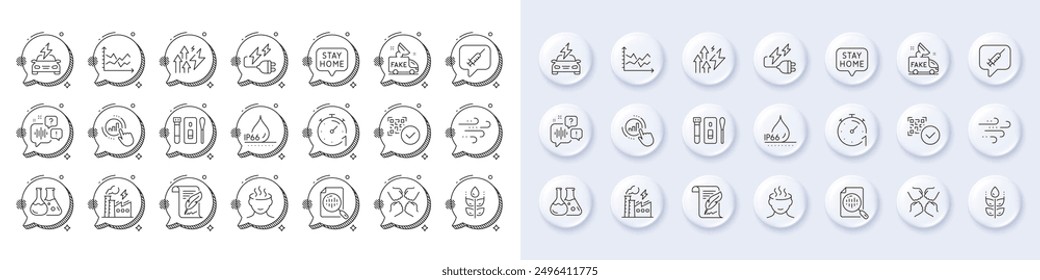 Windy weather, Feather and Timer line icons. White pin 3d buttons, chat bubbles icons. Pack of Car charging, Voicemail, Electricity plug icon. Stress, Qr code, Covid test pictogram. Vector