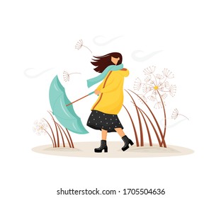 Windy weather flat concept vector illustration. Woman in coat with umbrella in storm. Female walk in raincoat 2D cartoon character for web design. Thunderstorm in cold autumn. Fall storm creative idea