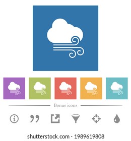 Windy weather flat white icons in square backgrounds. 6 bonus icons included.