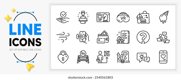 Windy Wetter, Lieferung von Lebensmitteln und Idea Lampe Linie Symbole für App gehören Geld, Fragezeichen, Vr Umriss dünnen Symbol. Kraftstoffpreis, EU enge Grenzen, Markenbotschafter Piktogramm Symbol. Vektorgrafik