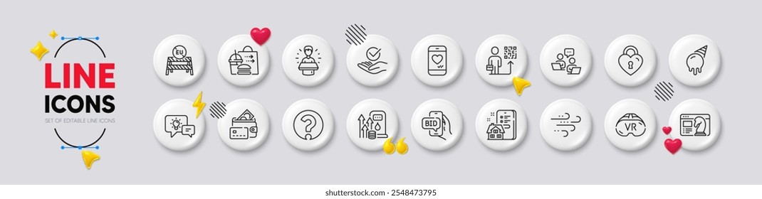 Windy weather, Food delivery and Idea lamp line icons. White buttons 3d icons. Pack of Money, Question mark, Vr icon. Fuel price, Eu close borders, Brand ambassador pictogram. Vector