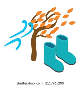 Windy weather icon isometric vector. Gust of wind autumn tree and rubber boot. Autumn stormy weather, seasonal footwear, blue gumboot