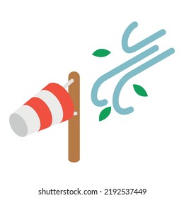 Windy weather icon isometric vector. Striped windsock, gust of wind carrying leaf. Bad weather, gale, strong wind, meteorology