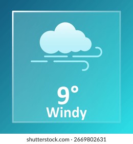 Ícone de tempo ventoso. Nuvem clara acima do vento estilizado raia no fundo azul com temperatura 9 e etiqueta de vento em texto branco na parte inferior.