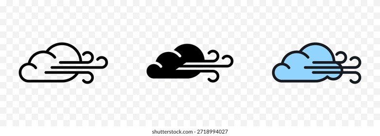 Windy weather icons with clouds simple outline vector illustration set