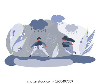 Windy weather. Man and woman walking outdoor in gusting wind under thunderclouds. Trees fluttering in the wind.